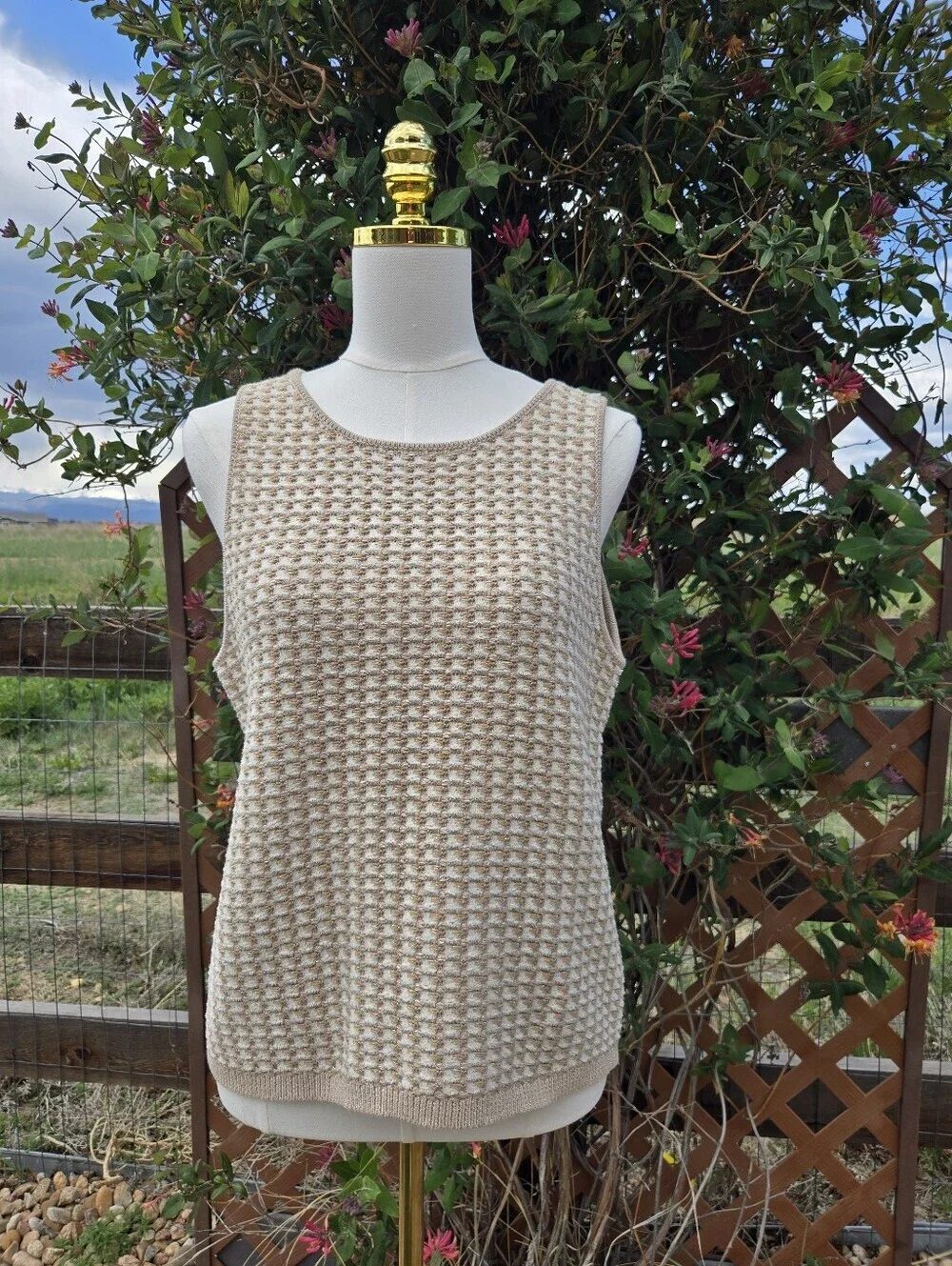 Ann Taylor Women's Sleeveless Textured Knit Sweater Top - Cream & Tan - Size 4